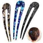 HYFEEL French Hair Forks Tortoise Shell U Shape Updo Hair Pins Clips for Thin Thick Hair, Long Classic 2 Prong Bun Hair Sticks Chignon Women Vintage Hairstyle Accessories, 3 Pack (Blue Brown Black)