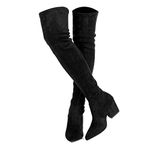 Thigh High Block Heel Boot Women Pointed Toe Stretch Over The Knee Boots, Black, 9 UK