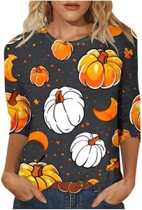 3/4 Sleeve Tops for Women Dressy Casual Halloween Thanksgiving Pumpkin Maple Leaf Tee Shirts Fall Holiday Tunic Blouses