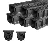 Natotela Channel Drain-39.4Lx6.1Wx5.5D in. Trench Drain with HDPE Grate,6 Pack Total Length 236.4 in,Plastic French Drain with 2 Outlet Adapter for Outdoor,Yard,Downspout,Pool,Walkway,Shed Drainage