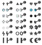 BESTEEL 21 Paris Stainless Steel Stud Earrings for Women Men 20G Tiny Cartilage Stud Earrings Star Moon Ball Butterfly Heart Opal Cat Lightning Flower Screwback Hypoallergenic Flat Back Stud Earrings Piercing Jewelry,Black