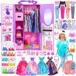 106pcs 11.5 inch Girl Doll With Doll Closet Clothes and Accessories,Blue Fur Shawl with Dress, Luggage, Princess Gowns, Outfits, Bikini, Shoes Rack Toys for 3+ Years Old Girls (include doll)