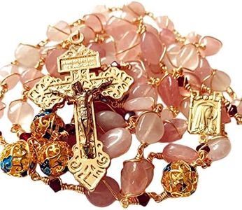 elegantmedical CATHOLIC plated gold Wire Pink Quartz Beads 5 DECADE Rosary CROSS Necklace