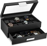 Glenor Co Watch Box with Valet Drawer for Men - 12 Slot Luxury Case Display Organizer, Carbon Fiber Design - Metal Buckle for Mens Jewelry Watches, Men's Storage Boxes Holder has Large Glass Top