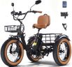 KAKIGO Electric Tricycle for Adults,Peak 1350W Motor Etrike,48V15.6Ah Ebike,20"x4"Fat Tire Aluminum Folding Electric Trike,3-Wheel Electric Bike,20MPH,Front&Rear Basket&Differential （Black Standards）