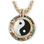 Avalaya 50mm Round Mother of Pearl Yin Yang Pendant with Twisted Glass Bead Chain Necklace in Antique White/44cm L