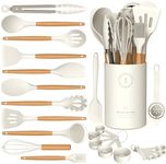 Silicone Cooking Utensils Set - Silicone Kitchen Utensils for Cooking Wooden Handles, 446°F Heat Resistant Kitchen Utensil Spatula Sets w Holder, Gadgets for Non-Stick Cookware BPA Free (Cream White)