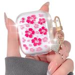 Lovmooful Compatible for AirPods 1/2 Case Cute Clear Glitter Bling Flower Floral with Lovely Flower Chain for Women Girls Soft TPU Shockproof Cover for Airpods 1&2 - Pink Hibiscu