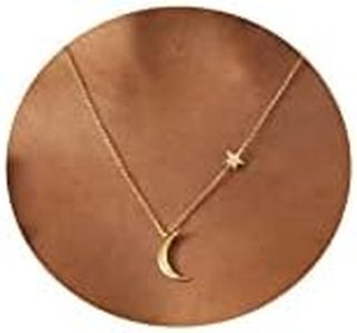 Tasiso Dainty Moon and Star Pendant Necklace for Women 14K Gold Crescent Moon Long Necklace Delicate Tiny Star Charm Necklace Minimalist Jewelry, Brass, No Gemstone