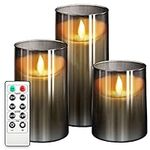 NURADA Flickering Flameless Candles: LED Pillar Candles with Imitation Glass - Acrylic Battery Candles with Remote and Timer, Pack of 3 (D:3" x H:4" 5" 6") & Gray…