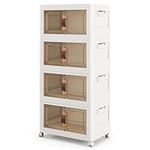 COSTWAY Folding Shoe Storage Cabinet, 3/4/5 Tier Stackable Storage Box with Lockable Wheels, Lids & Doors, Freestanding Storage Bin for Living Room Bedroom (49 x 31 x 112 cm, 4 Tiers)