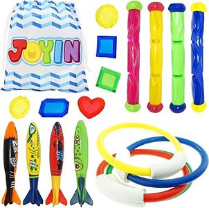 JOYIN 18Pcs Diving Pool Toys for Kids, Swimming Pool Toy with Storage Bag Includes 4 Pool Rings, 4 Diving Sticks, 4 Bandits, 6 Treasures Underwater Swim Pool Games for Ages 8-12