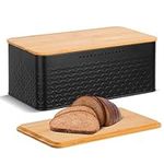 Hossejoy Metal Bread Box with Bamboo Cutting Board Lid, Bread Storage Container for Kitchen Countertop, Modern Bread Bin Holder Breadbox, Kitchen Decor Organizer (Black)