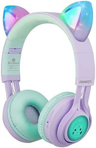 Riwbox Kids Wireless Headphones, CT-7S Cat Ear Bluetooth, 85dB Volume Limiting, LED Light Up Over Ear with Microphone for Laptop/PC/TV (Purple&Green)
