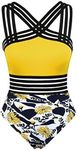 Hilor Women's Modest Swimwear Flattering One Piece Swimsuits Slimming Bathing Suits Monokinis Yellow&Flowers M/US8-10