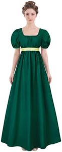 HEQU Regency Dresses for Women with Satin Sash Ruffle Empire Waist Dress Gown (XL, Dark Green)