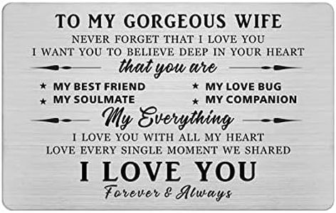 FALOGI To My Gorgeous Wife Engraved Wallet Card, Wife Birthday Card, Anniversary Card for Her, I Love You Gifts Card for Her, Valentines, Mothers Day