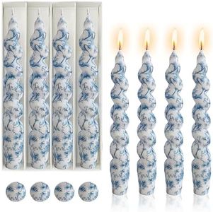 Gedengni Spiral Candle Sticks Printed Candlestick,Set of 4 Long Taper Candle Colorful Twisted Candlesticks 10 inches Blue Flower Tapered Candles for Home Wedding Women Gifts (2D4T-BLUFLW)
