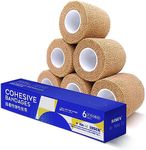 RISEN Cohesive Bandage 2" x 5 Yards, 6 Rolls, Self Adherent Wrap Medical Tape, Adhesive Flexible Breathable First Aid Gauze Ideal for Stretch Athletic, Ankle Sprains & Swelling, Sports, Tan