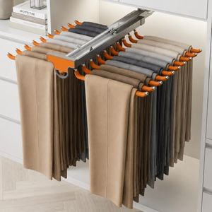 Pull Out Pants Rack for Closet,20 Arms Retractable Trousers Rack with Soft Close Slides, Heavy Duty 66lbs Closet Pants Organizer,Non-Slip Space Saving Wardrobe Storage for Jeans,Scarves,Orange