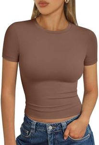 Trendy Queen Womens Basic T Shirts Scoop Neck Short Sleeve Crop Tops Slim Fit Summer Tees Y2k Clothing 2025 Coffee M