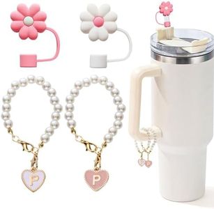 Charms for Stanley Cup，2pcs Pearl Chain for Stanley Cup Accessories Initial Letter Charms Handle with 2pcs Straw covers Stuff Decor Water Bottle Jewelry Tumbler Personalized Decorations Tag (Heart-Letter, 2pcs covers+2pcs heart-letters P)