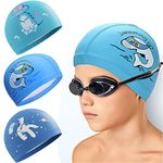 Swimming Cap, 3 Pieces Comfortable Cartoon Swimming Cap Kids, Durable Swim Cap Kids, PU Waterproof Kids Swimming Cap Swim Cap for Aged 2-12 Boys Girls Long and Short Hair