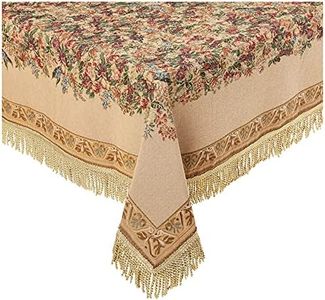 DaDa Bedding Wildflowers Tapestry Table Cloth - Beige Tan Woven Floral Botanical Wonderland Kitchen Dining w/Golden Fringe Tassels - Large Square Size 60" x 60"