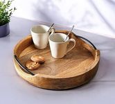 Craft Expertise Round Wooden Serving Tray - 10 Inch Rustic Brown Wood Platter with Handles - Decorative Farmhouse Kitchen Tray for Serving Food, Drinks, Coffee, and Cheese