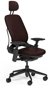 Steelcase Leap V2 Desk Chair with Headrest Mahogany Leather Seat and Back - 4-Way Highly Adjustable Arms - Black Frame and Base - Standard Carpet Casters