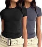 LACOZY Women's 2 Piece Short Sleeve Crewneck T-Shirt Skim Dupes Basic Crop Tops Going Out Summer Slim Fit Y2K Tops Black Grey XL