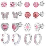 8Pairs 925 Sterling Silver Earrings for Girls Women Hypoallergenic Earrings Tiny Heart Hoop Earrings CZ Ball Butterfly Daisy Stud Sets for Teen Kids Toddler Pink Silver