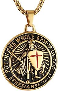 HZMAN Knights Templar Put On The Whole Armor of God Ephesians 6:13-17 Red Cross Design Stainless Steel Necklace for Men (Gold)
