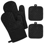 AUAUY 1 Pair Oven Mitts, 230°C/446°F Heat Resistant BBQ Gloves with 2 Pot Holders, Cotton Oven Mittens, Silicone Stripes BBQ Gloves-Oven Mitts, Non-Slip Cooking Gloves for Cooking Baking Grilling