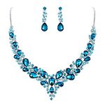 BriLove Wedding Women's Bridal Necklace Earrings Jewelry Set Austrian Crystal Teardrop Cluster Statement Necklace Dangle Earrings Set Sky Blue Silver-Toned