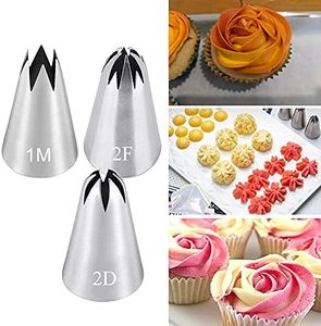 Icing Piping Tip Set,3 Large Decorating Tips Stainless Steel,DIY Cream Rose Flower Piping Tips,Cupcake Pastry Tips for Cake Decorating(1M 2D 2F)