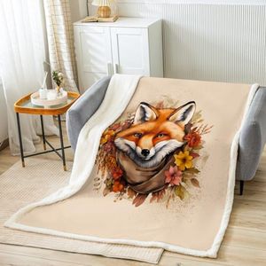 Cartoon Fox Fleece Throw Blanket Fox Print Sherpa Blanket for Kids Adult 3D Animal Theme Plush Blanket Woodland Fox Fuzzy Blanket for Sofa Bed Couch, Twin 60x80 Inch