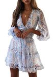 Happy Sailed Women V Neck Floral Dresses Summer Ruffles Swing Mini Dress Medium White