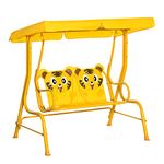 Outsunny 2-Seat Kids Porch Swing Chair, Children Outdoor Patio Furniture Lounge Chair for Garden, with Adjustable Canopy, Seat Belt, Tiger Pattern, for 3-6 Years Old, Yellow