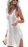 WNEEDU Women's Crochet Dress Beach Cover Up Bathing Suit Coverups for Women Swimsuit Swimwear Bikini White XL