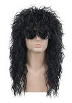 Karlery Mens Long Curly Black 80s Heavy Metal Rocker Wig 80s Themed Party Wig