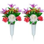 Artificial Cemetery Flowers for Grave, Set of 2 Artificial Memorial Flowers with Vase for Outdoor Cemetery Headstones Graveyard Decoration (Purple Lily)