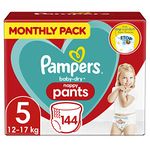 Pampers Baby Nappy Pants Size 5 (12-17 kg/26-38 Lb), Baby-Dry, 144 Nappies, MONTHLY SAVINGS PACK, With A Stop & Protect Pocket To Help Prevent Leaks At The Back