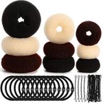 9 Pieces Donut Hair Bun Maker Shaper Foam Sponge Doughnut Bun Ring Style Set with 12 Pieces Hair Elastic Bands Ties and 50 Pieces Hair Bobby Pins for Women Girls Kids (Black, Brown and Beige)