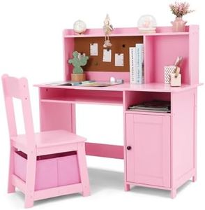 Kid's Study Desk and Chair Set for Boys & Girls – Wooden Ergonomic Design, Includes Built-In Chair Storage Bins & Bookshelf Organizer & Cork Bulletion Board, for Children Studying, Writing, Drawing