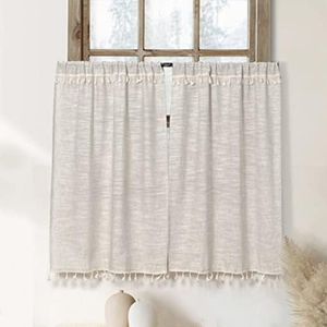 Oindec Boho Tassel Kitchen Curtains 36 Inch Length Modern Farmhouse Cotton Linen Short Cafe Curtains for Bathroom Small Window Country Rustic Tiers Bohemian Decor (26W x 36L, 2 Panels, Natural)