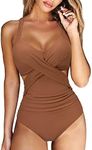 RXRXCOCO Women Front Cross One Piece Swimsuit Tummy Control Cross Back Monokini Bathing Suit for Women Brown Small