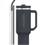 Amacom Insulated Stainless Steel Tumbler with Lid and Straw | 100% Leak Proof Water, Juice, Coffee Sipper with Lid for Office, Gym, Travel | 1.2 Litre Mug with Handle for Adults & Kids (Black)