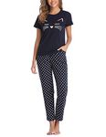 EISHOPEER Women's Pajama Set Printed Short Sleeve Top & Long Pants Sleepwear Pjs Sets, Navy Cat- Women, X-Small