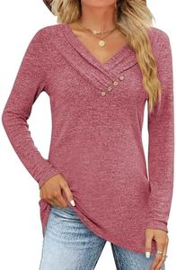 FMEYOA Women's Fall Long Sleeve Tunic Tops for Leggings V Neck Button Casual Blouse Sweatshirt(Red,Large)